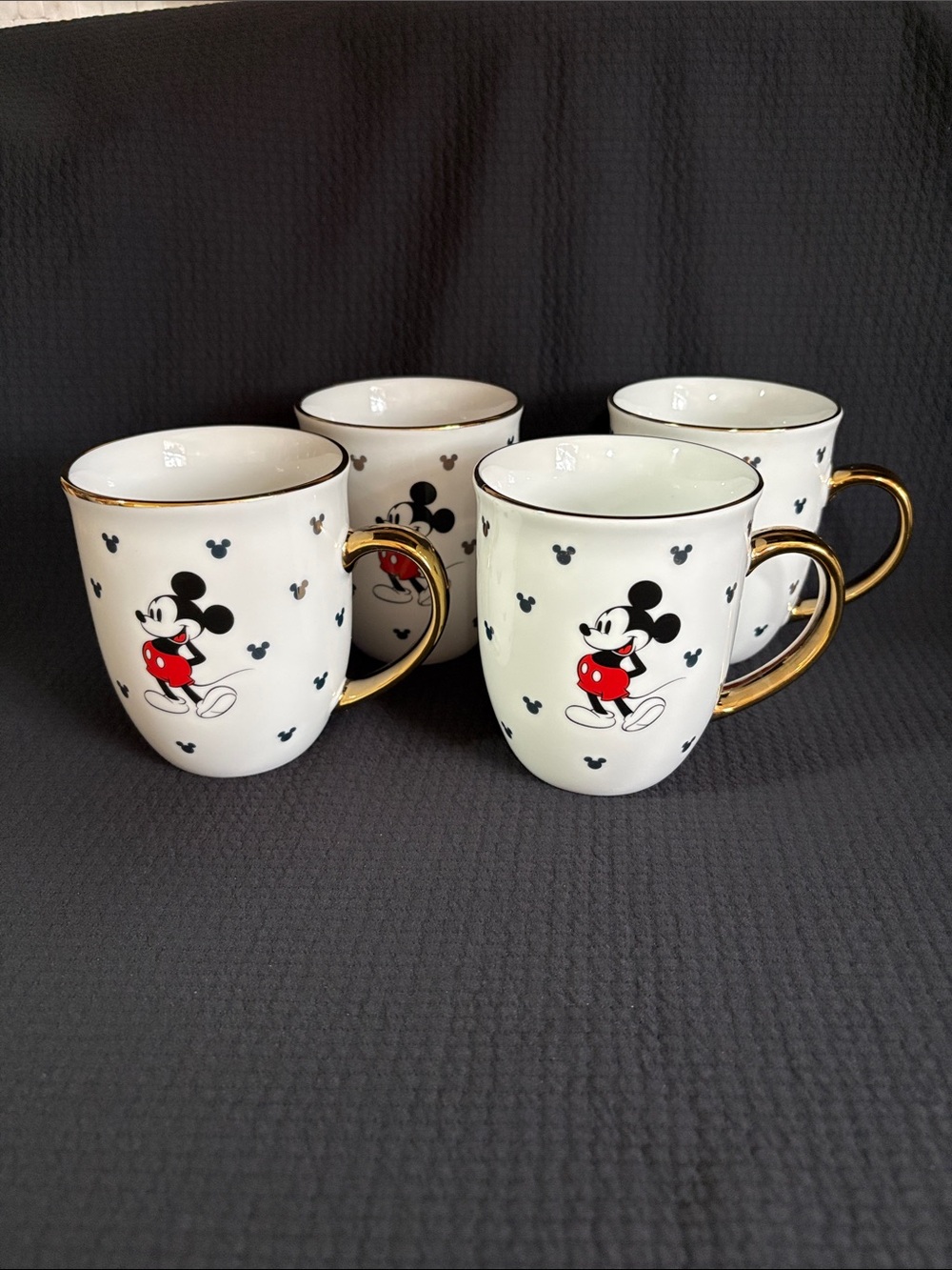 Mickey Mouse White Ceramic Mug Gold Handle - Set of 4. Disney!